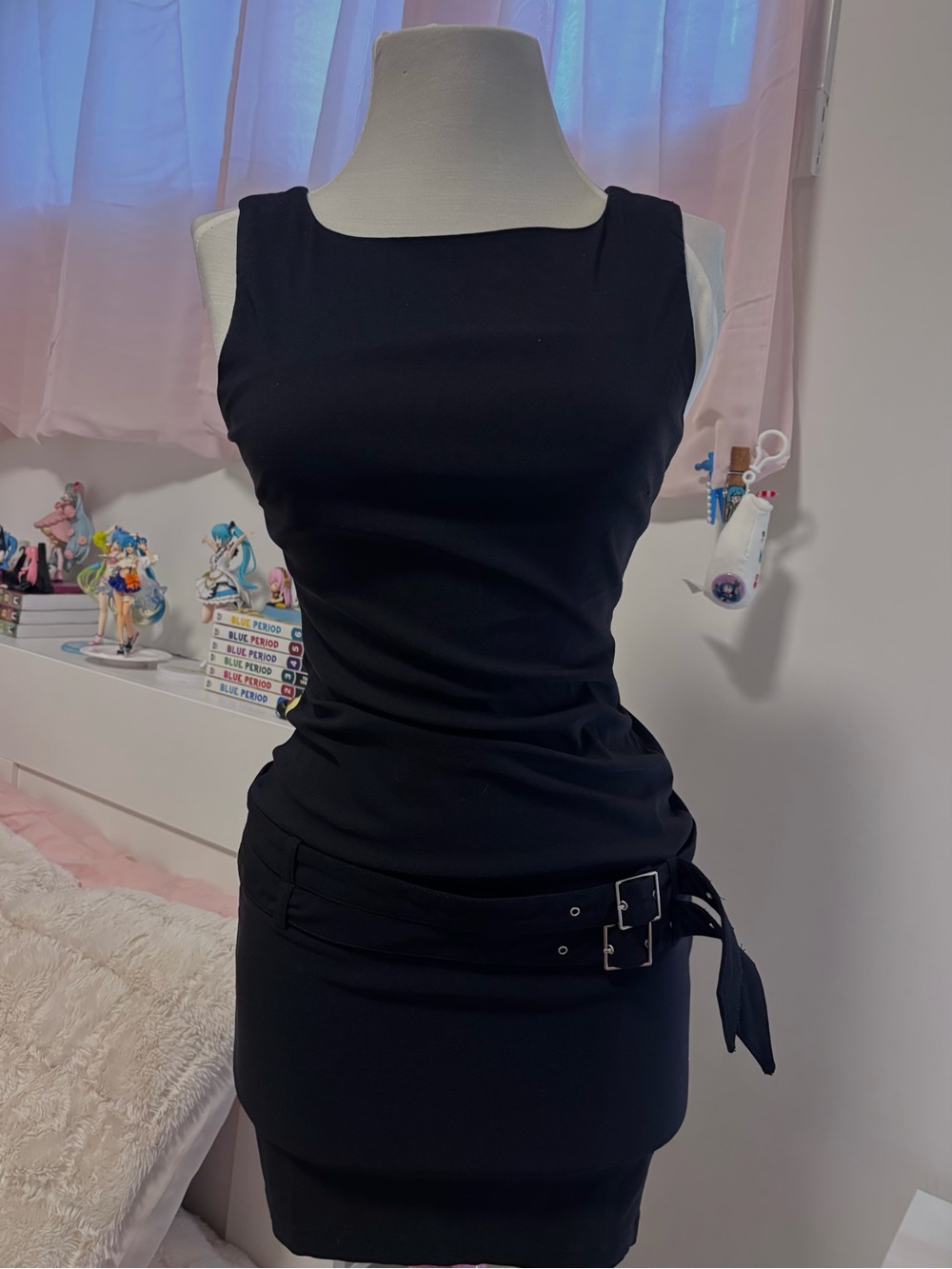 bershka black bodycon mini dress with belt ♱